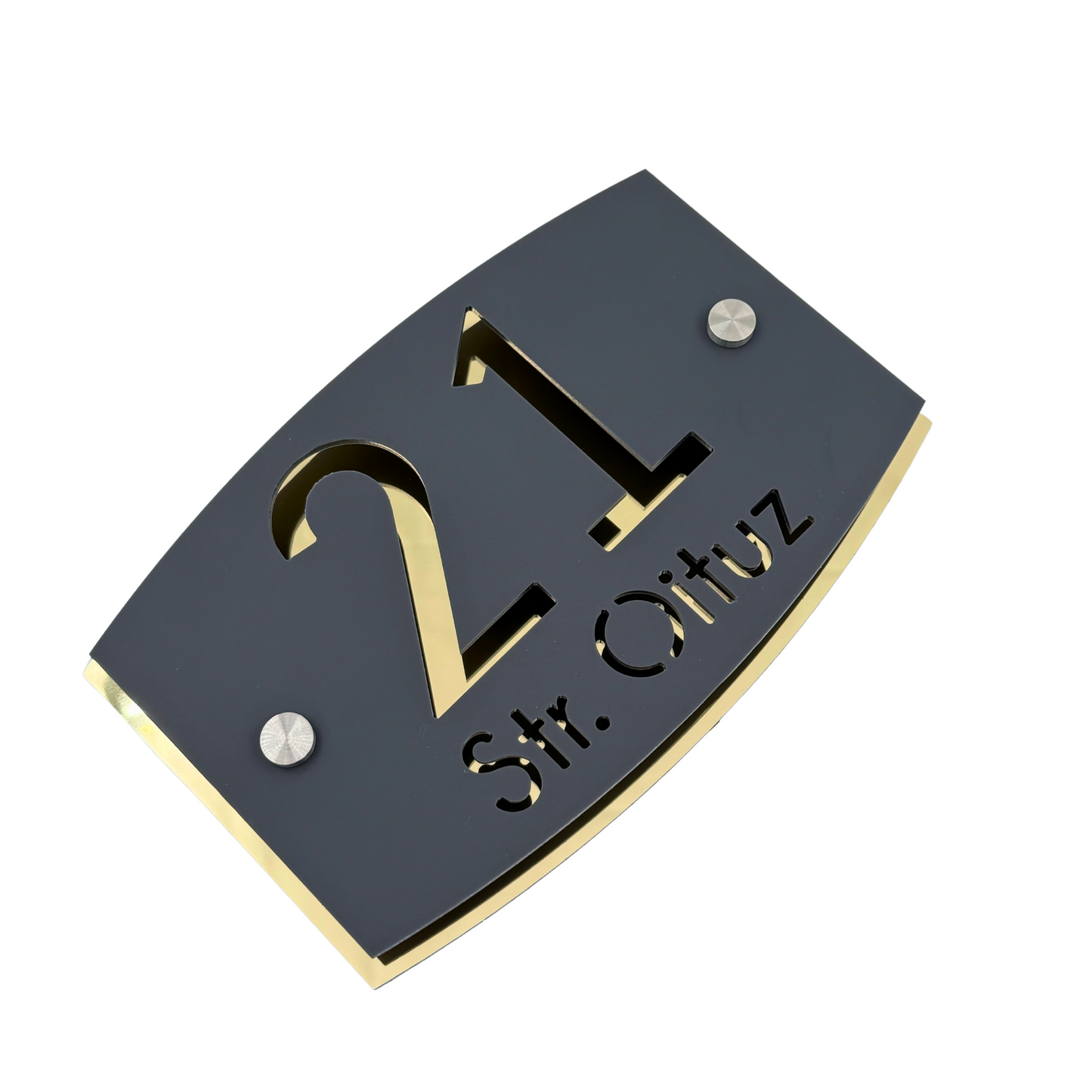 PREMIUM HOUSE NUMBER - Satin Grey Aluminium Gold Mirror 2 Spacers Silver - 20×13 cm