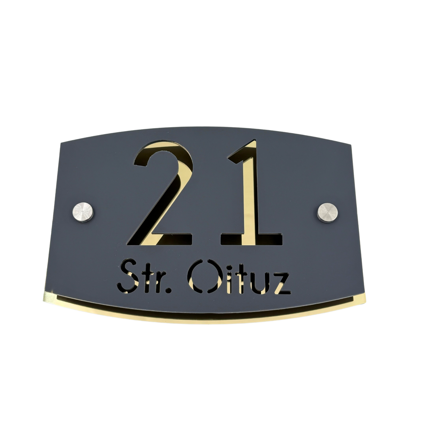 PREMIUM HOUSE NUMBER - Satin Grey Aluminium Gold Mirror 2 Spacers Silver - 20×13 cm