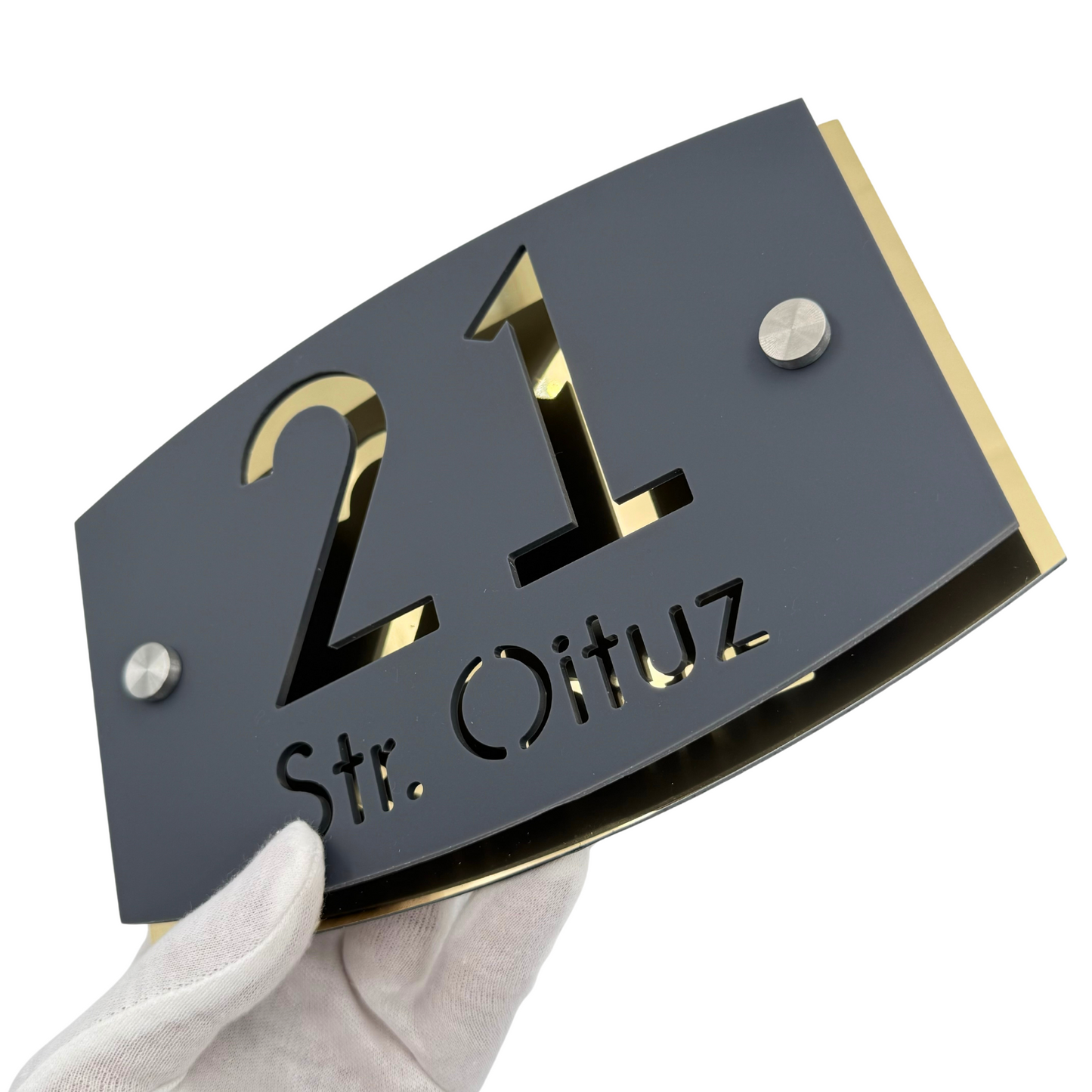 PREMIUM HOUSE NUMBER - Satin Grey Aluminium Gold Mirror 2 Spacers Silver - 20×13 cm