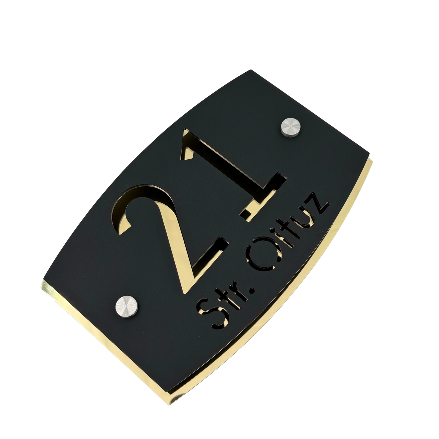 PREMIUM HOUSE NUMBER - Satin Black Aluminium Gold Mirror 2 Spacers Silver - 20×13 cm