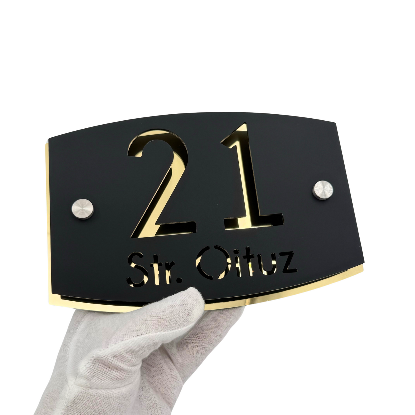 PREMIUM HOUSE NUMBER - Satin Black Aluminium Gold Mirror 2 Spacers Silver - 20×13 cm