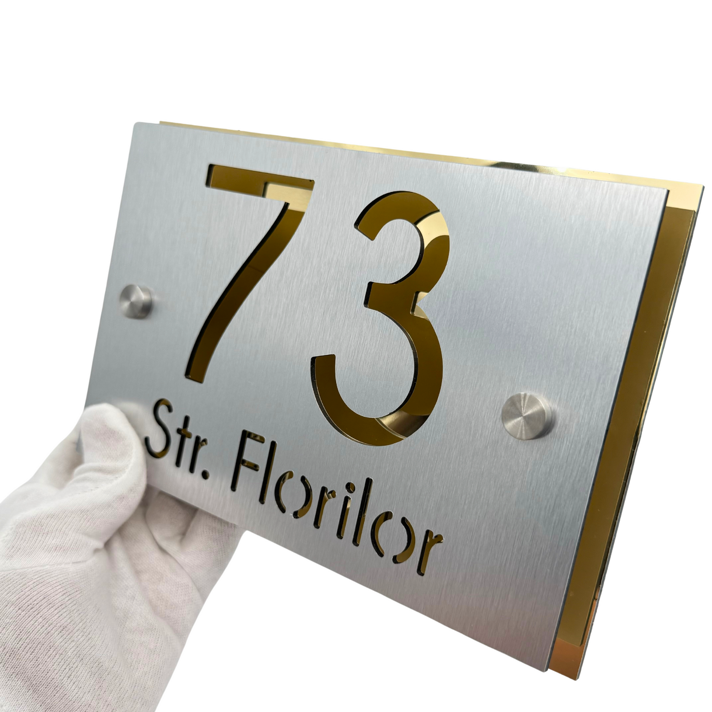 PREMIUM HOUSE NUMBER - Aluminium Pearly Aluminium Gold Mirror 2 Spacers Silver - 20×13 cm