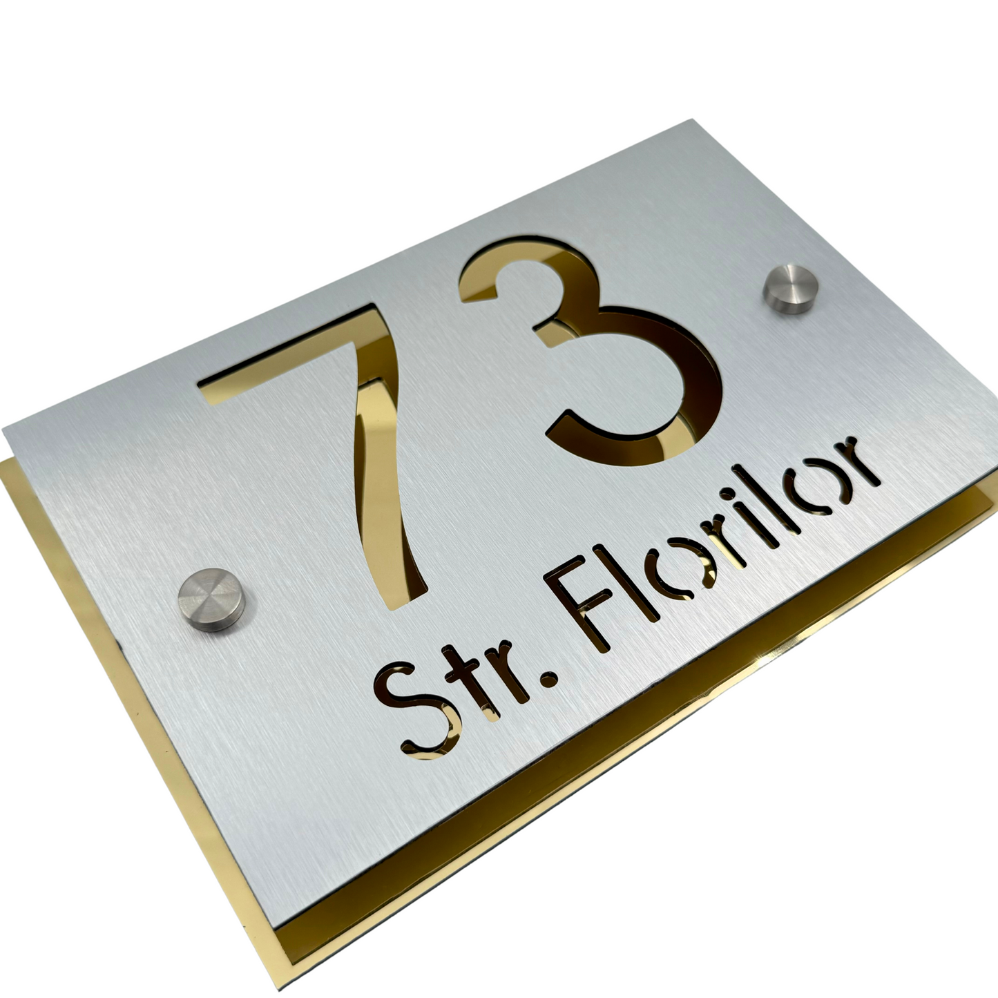 PREMIUM HOUSE NUMBER - Aluminium Pearly Aluminium Gold Mirror 2 Spacers Silver - 20×13 cm