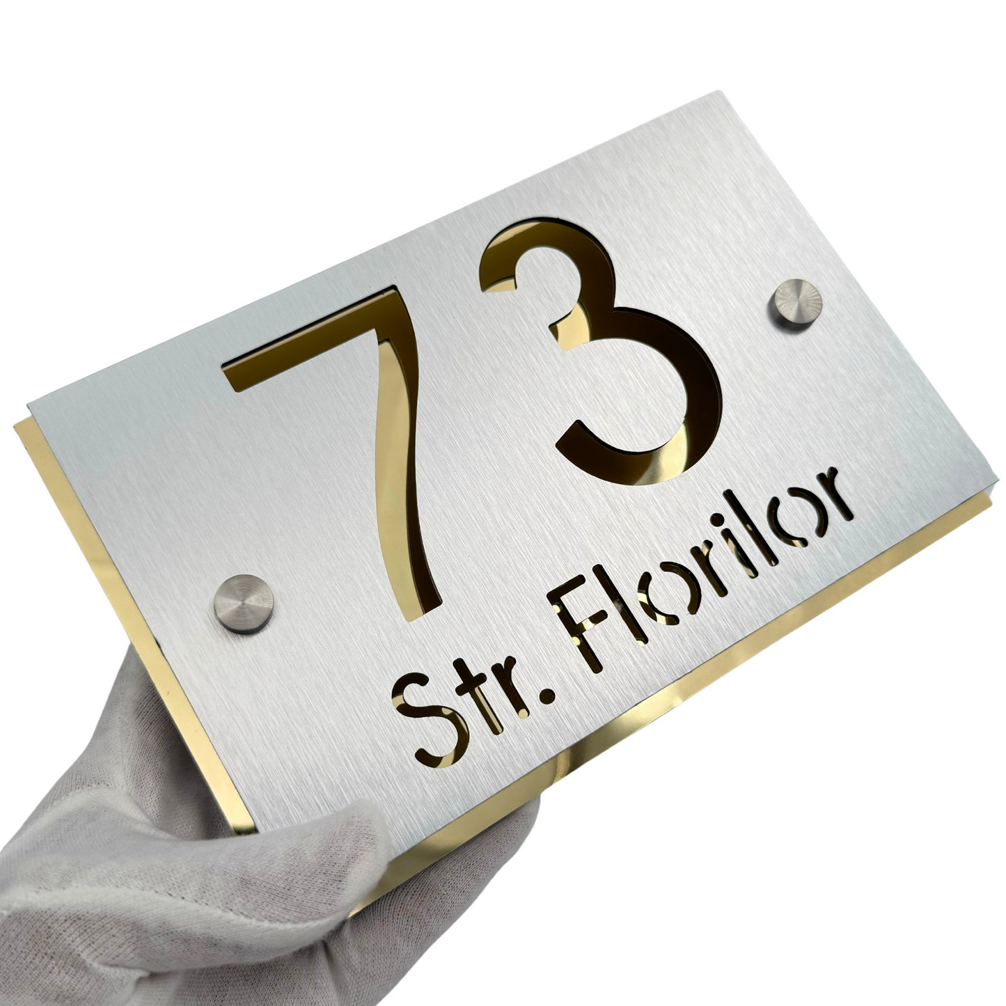 PREMIUM HOUSE NUMBER - Aluminium Pearly Aluminium Gold Mirror 2 Spacers Silver - 20×13 cm