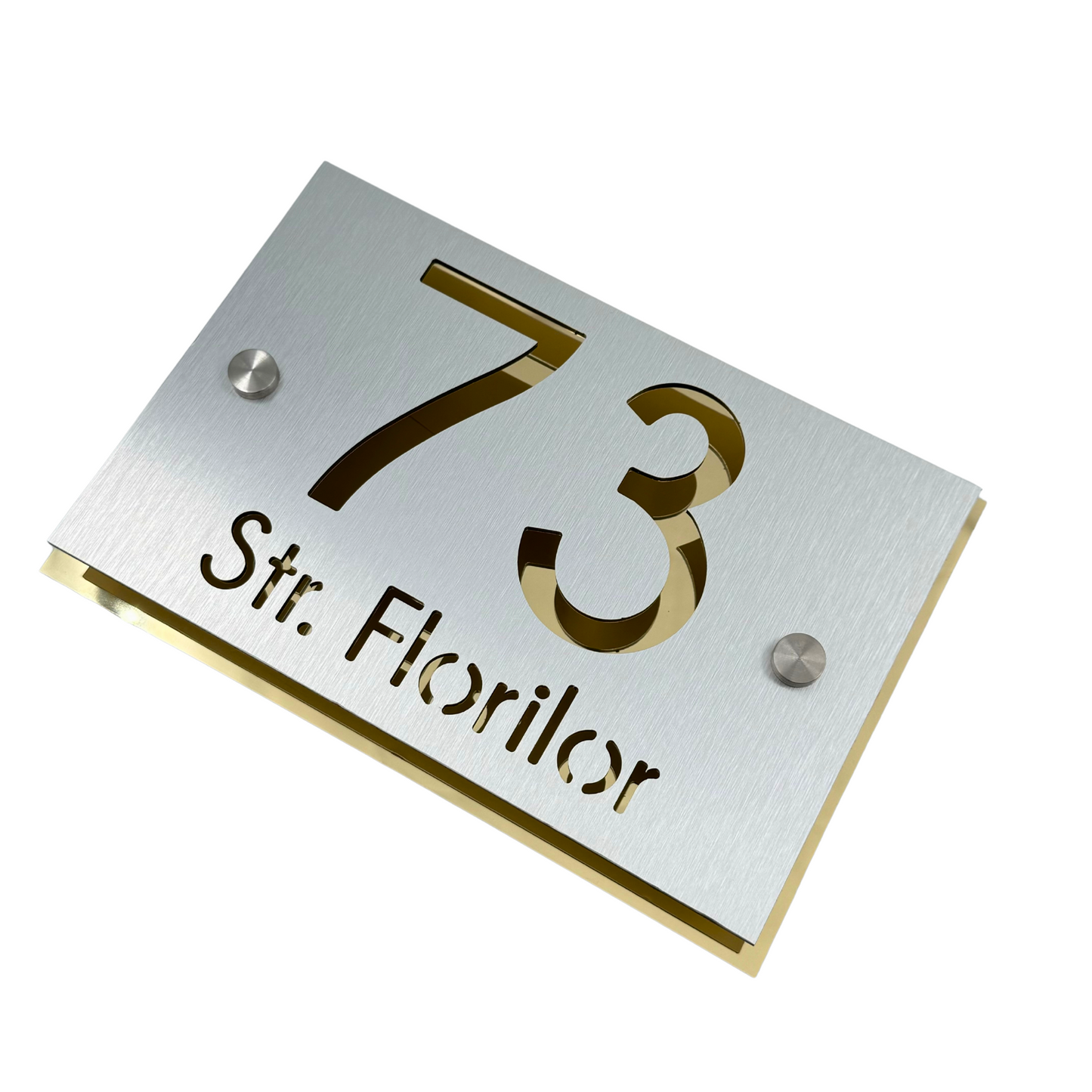 PREMIUM HOUSE NUMBER - Aluminium Pearly Aluminium Gold Mirror 2 Spacers Silver - 20×13 cm