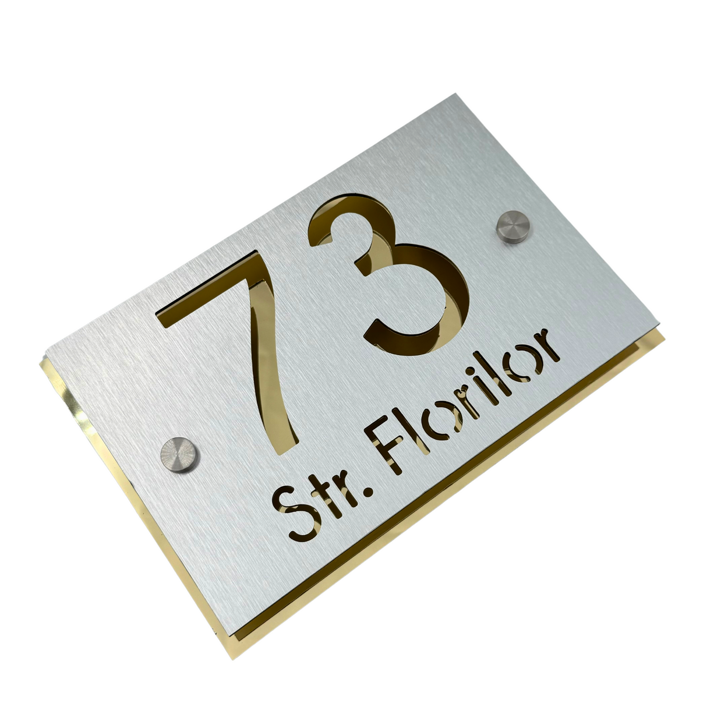 PREMIUM HOUSE NUMBER - Aluminium Pearly Aluminium Gold Mirror 2 Spacers Silver - 20×13 cm