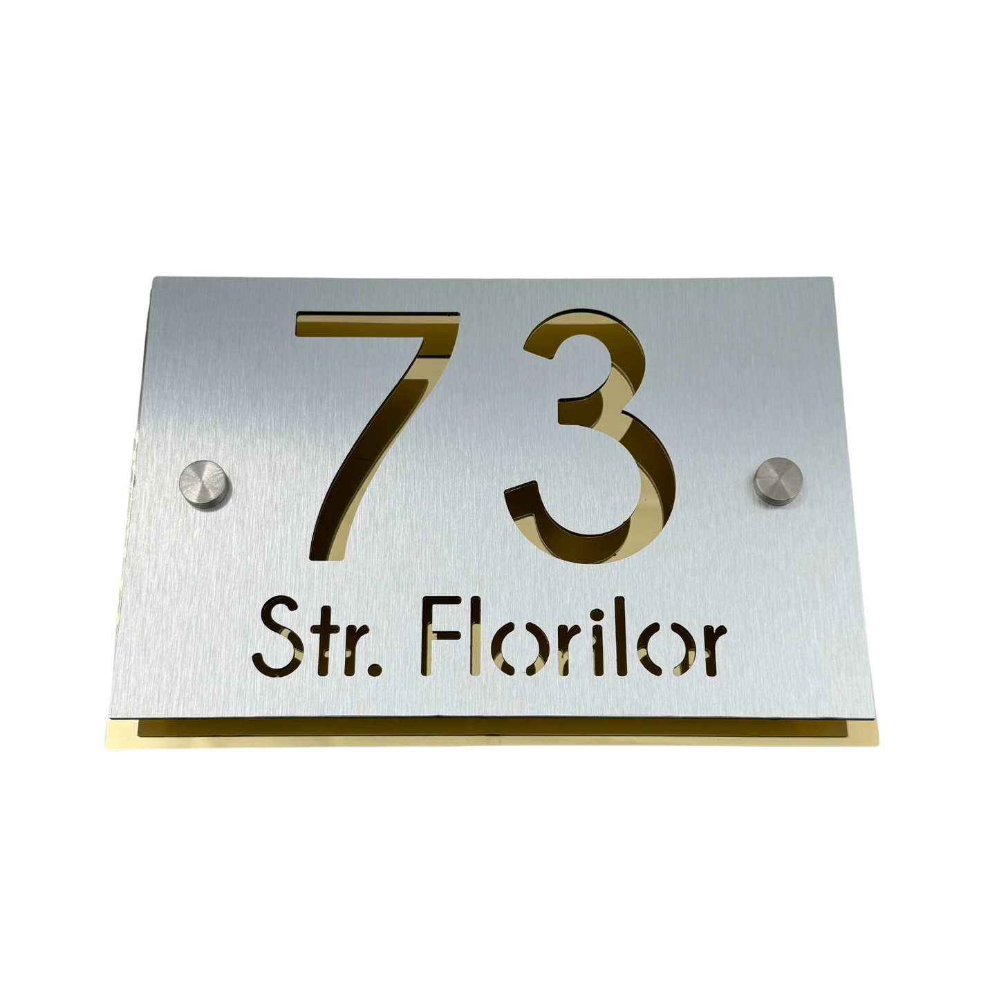 PREMIUM HOUSE NUMBER - Aluminium Pearly Aluminium Gold Mirror 2 Spacers Silver - 20×13 cm