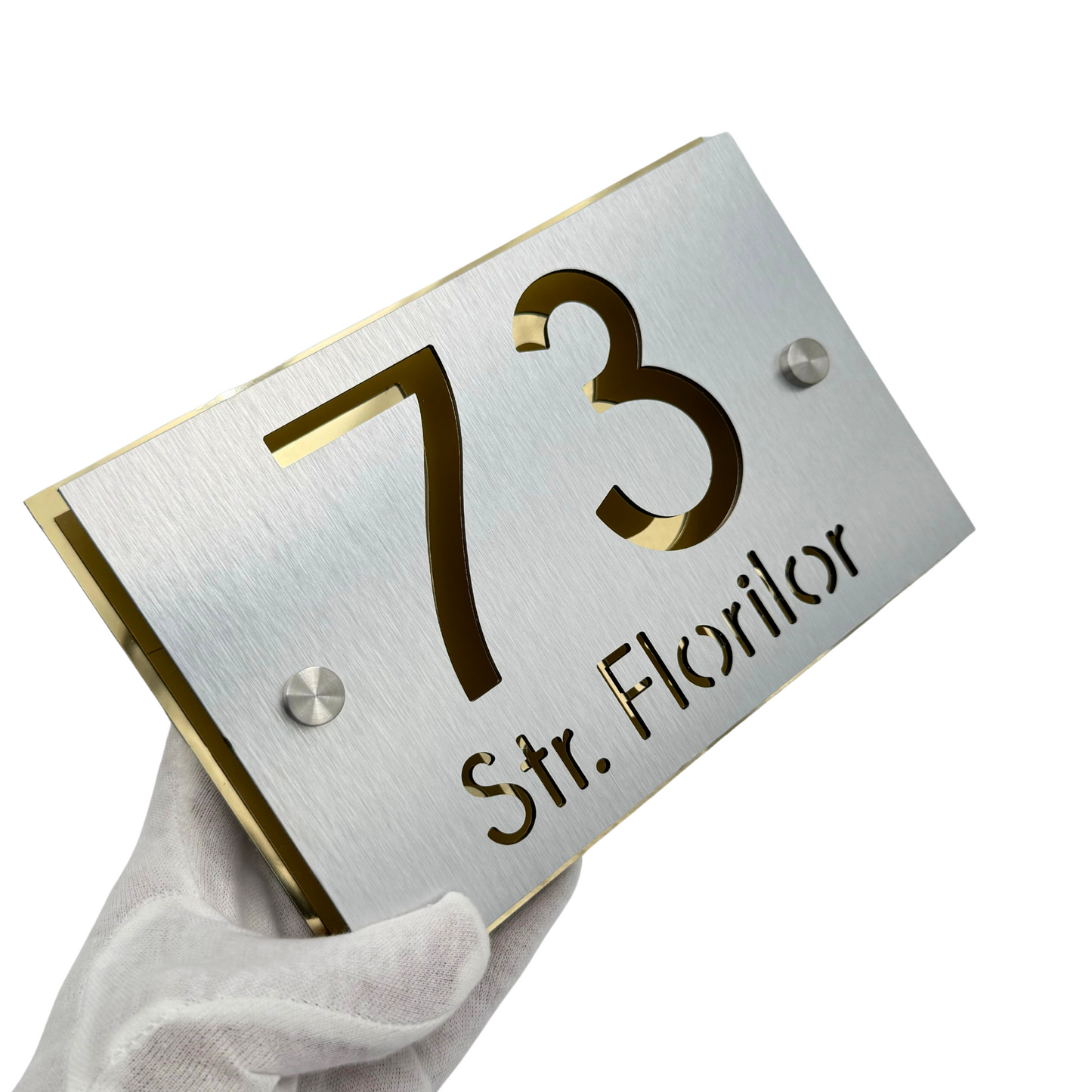 PREMIUM HOUSE NUMBER - Aluminium Pearly Aluminium Gold Mirror 2 Spacers Silver - 20×13 cm
