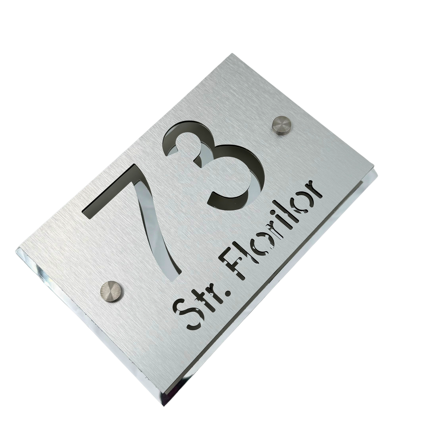 PREMIUM HOUSE NUMBER - Aluminium Pearly Aluminium Silver Mirror 2 Spacers Silver - 20×13 cm