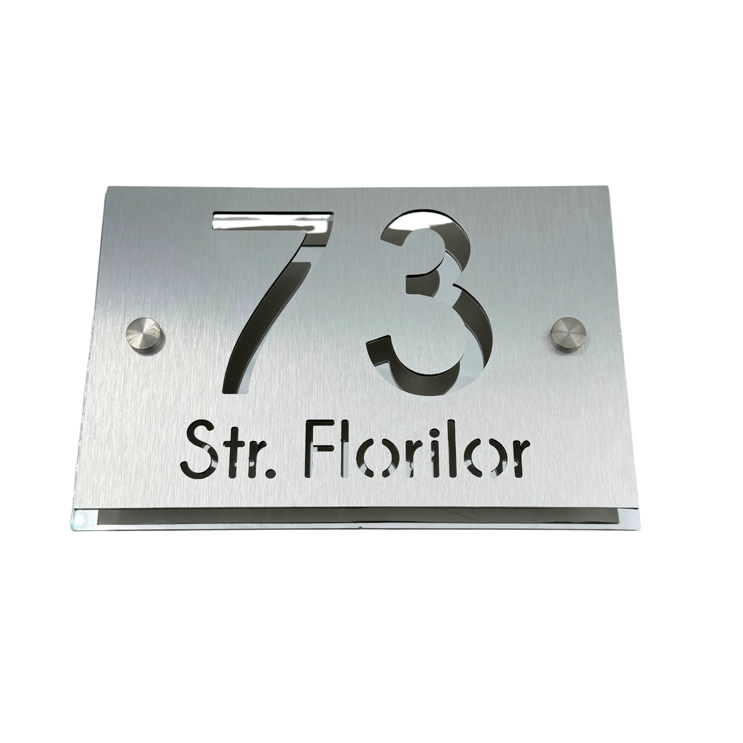 PREMIUM HOUSE NUMBER - Aluminium Pearly Aluminium Silver Mirror 2 Spacers Silver - 20×13 cm