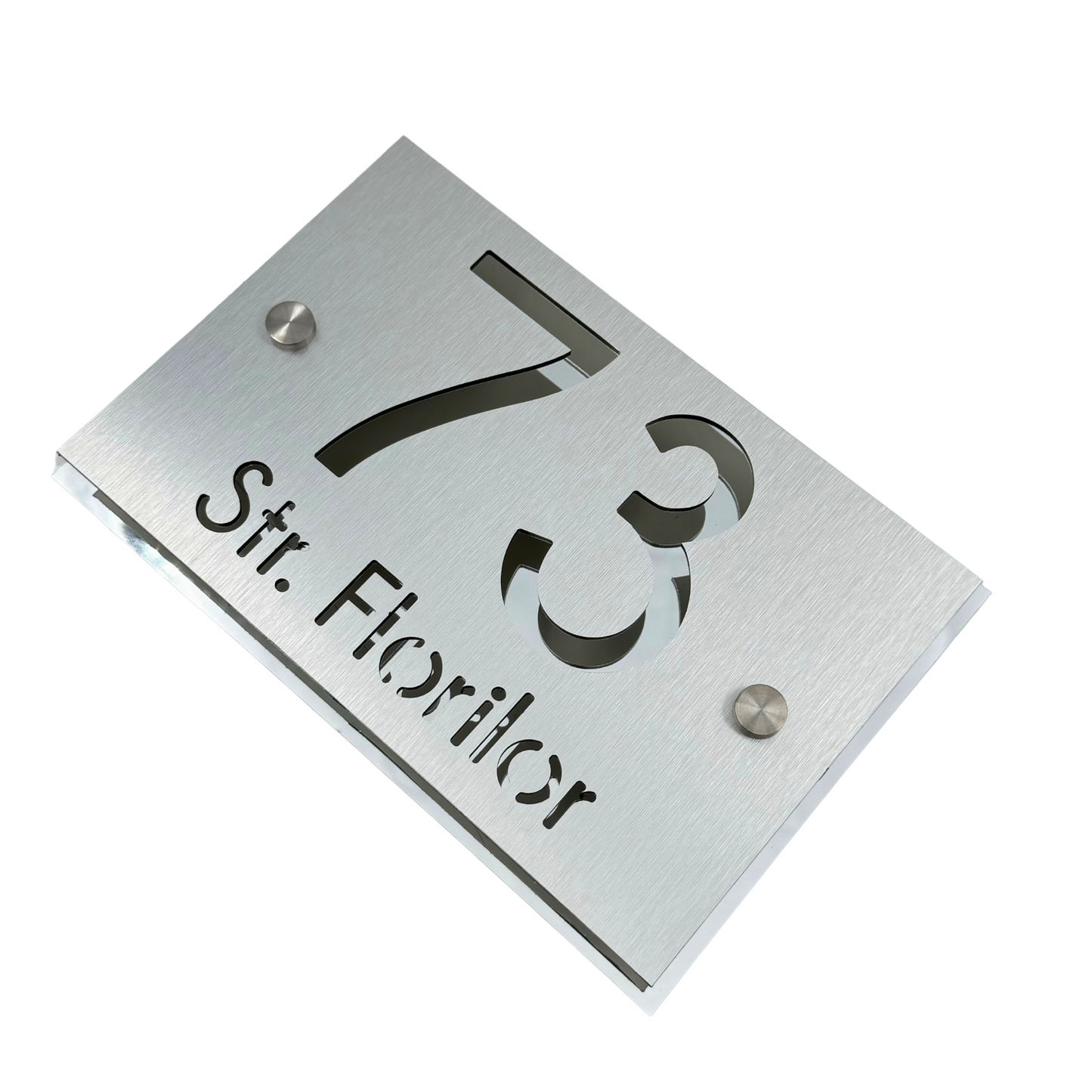 PREMIUM HOUSE NUMBER - Aluminium Pearly Aluminium Silver Mirror 2 Spacers Silver - 20×13 cm