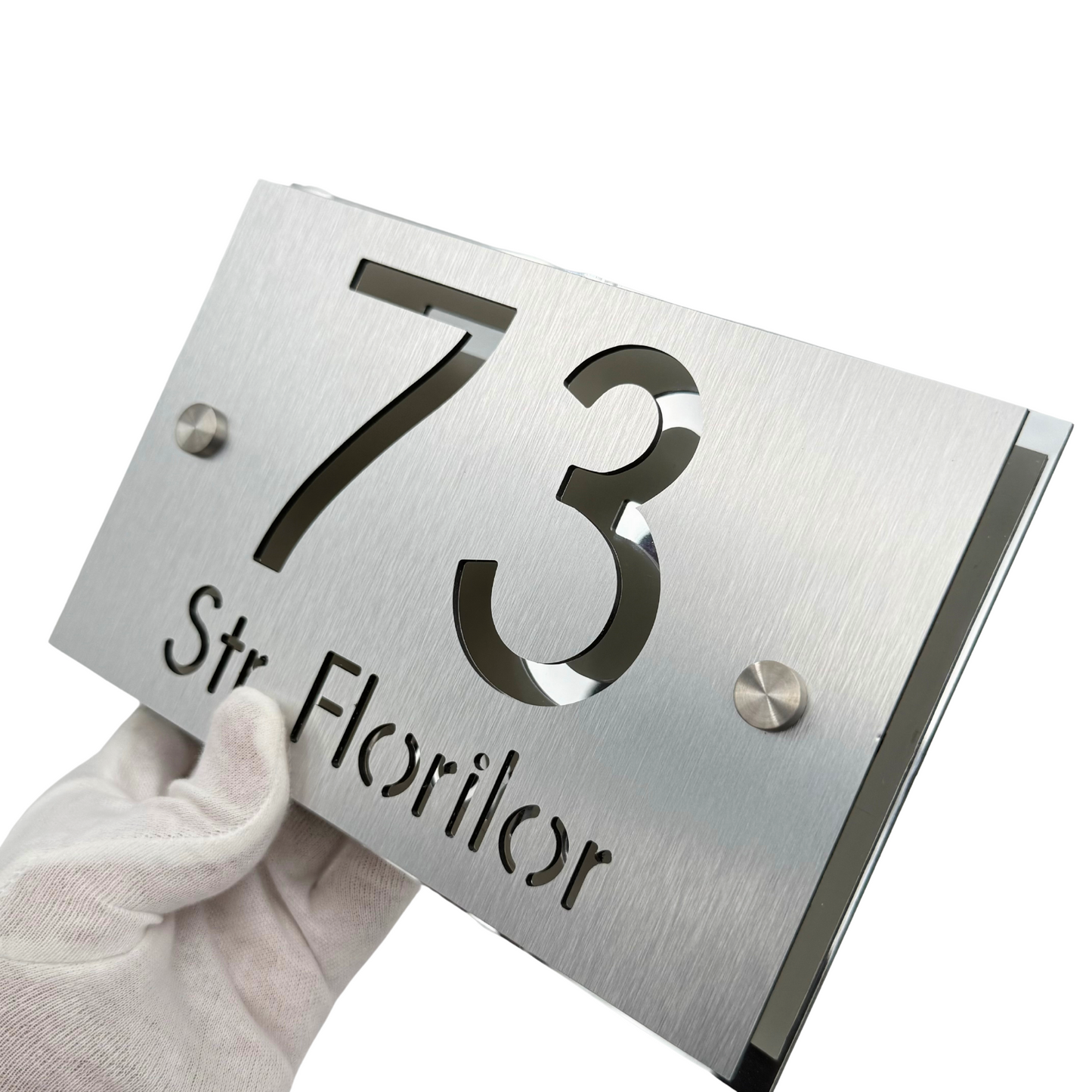 PREMIUM HOUSE NUMBER - Aluminium Pearly Aluminium Silver Mirror 2 Spacers Silver - 20×13 cm