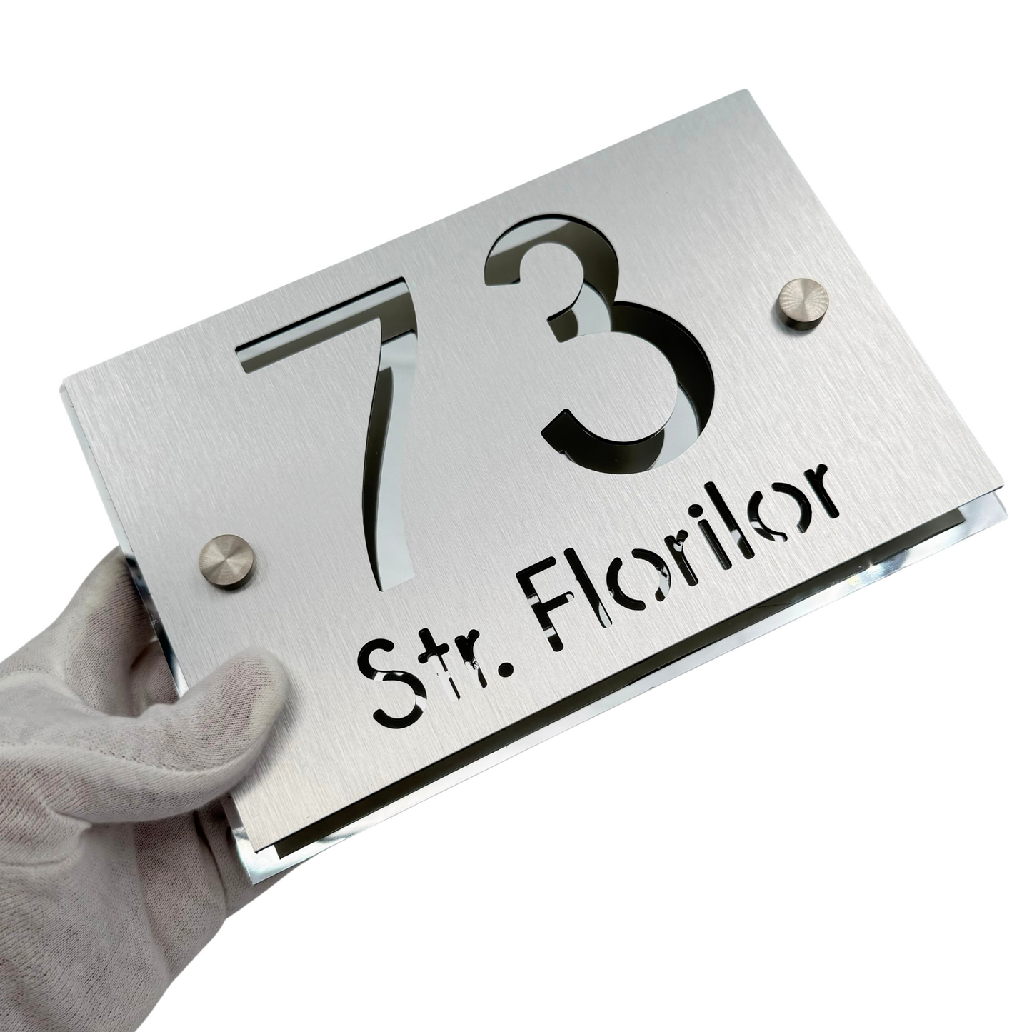 PREMIUM HOUSE NUMBER - Aluminium Pearly Aluminium Silver Mirror 2 Spacers Silver - 20×13 cm