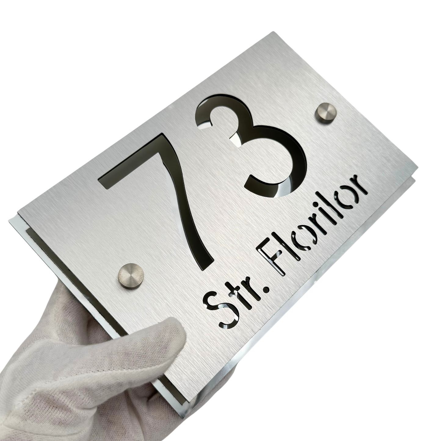 PREMIUM HOUSE NUMBER - Aluminium Pearly Aluminium Silver Mirror 2 Spacers Silver - 20×13 cm