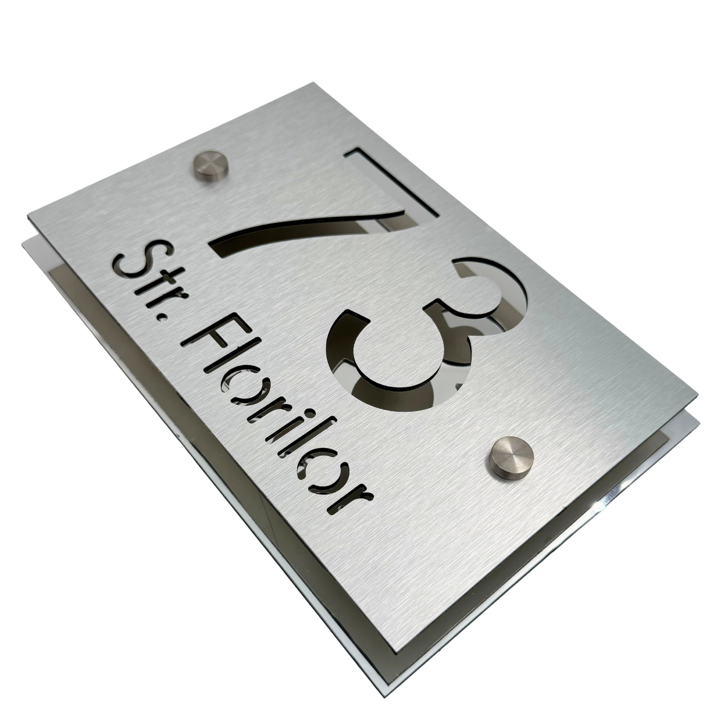 PREMIUM HOUSE NUMBER - Aluminium Pearly Aluminium Silver Mirror 2 Spacers Silver - 20×13 cm