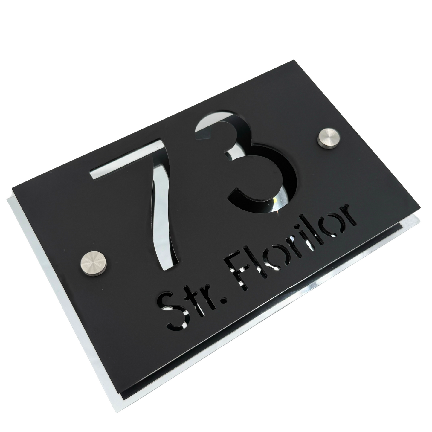 PREMIUM HOUSE NUMBER - Satin Black Aluminium Silver Mirror 2 Spacers Silver - 20×13 cm