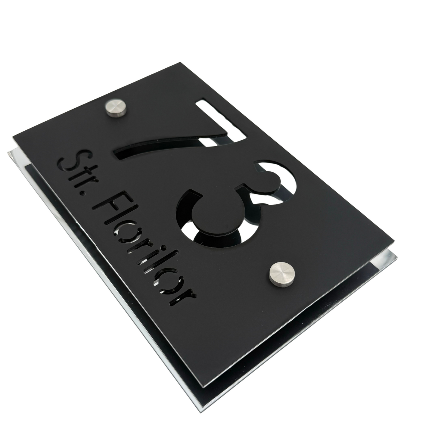 PREMIUM HOUSE NUMBER - Satin Black Aluminium Silver Mirror 2 Spacers Silver - 20×13 cm
