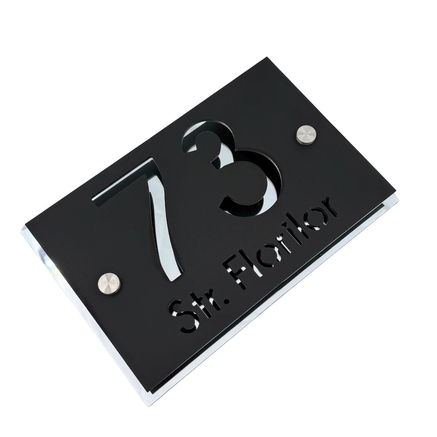 PREMIUM HOUSE NUMBER - Satin Black Aluminium Silver Mirror 2 Spacers Silver - 20×13 cm
