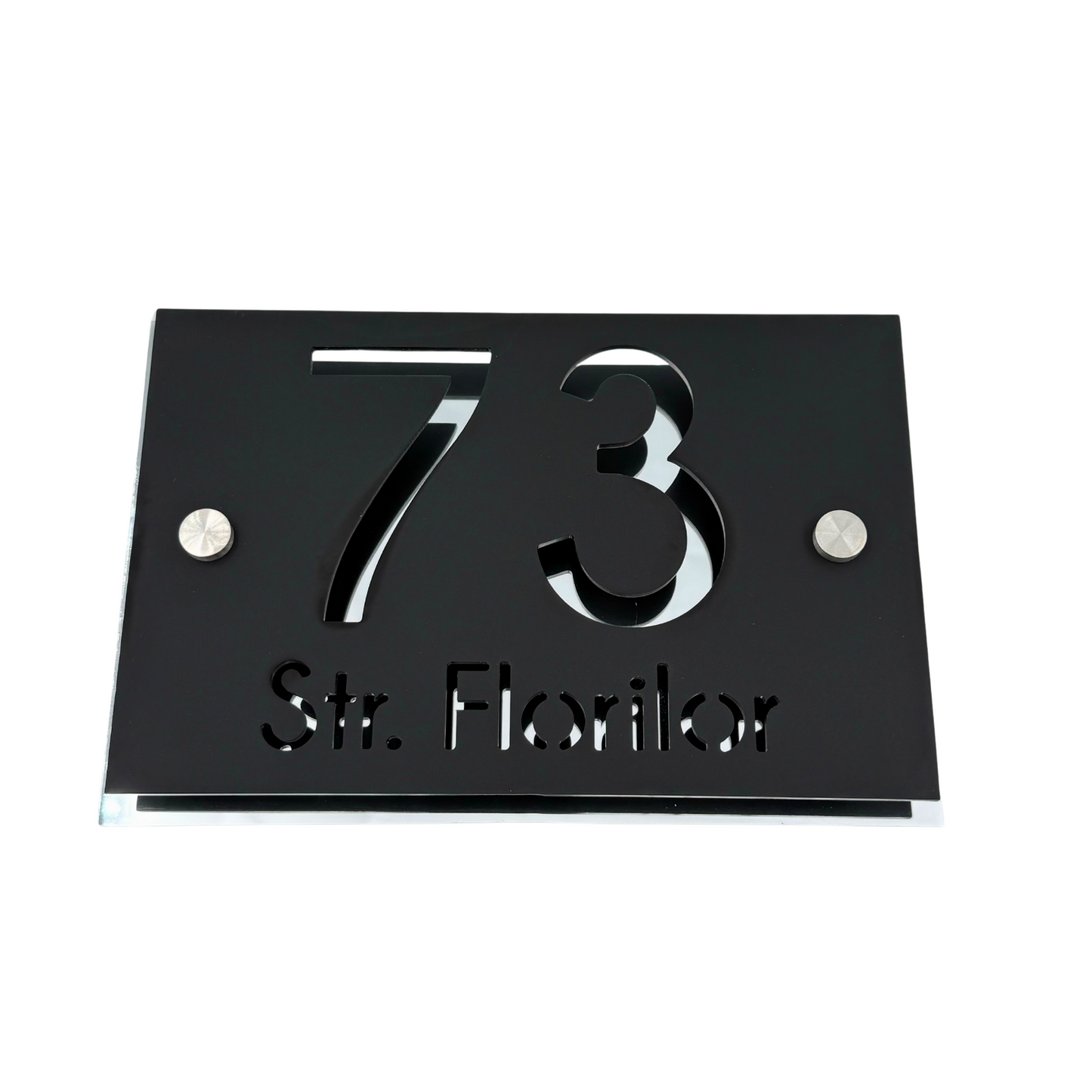 PREMIUM HOUSE NUMBER - Satin Black Aluminium Silver Mirror 2 Spacers Silver - 20×13 cm