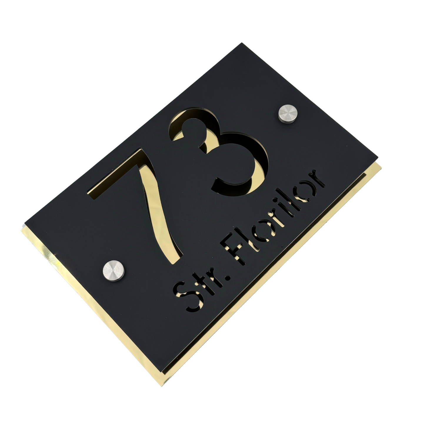 PREMIUM HOUSE NUMBER - Satin Black Aluminium Gold Mirror 2 Spacers Silver - 20×13 cm
