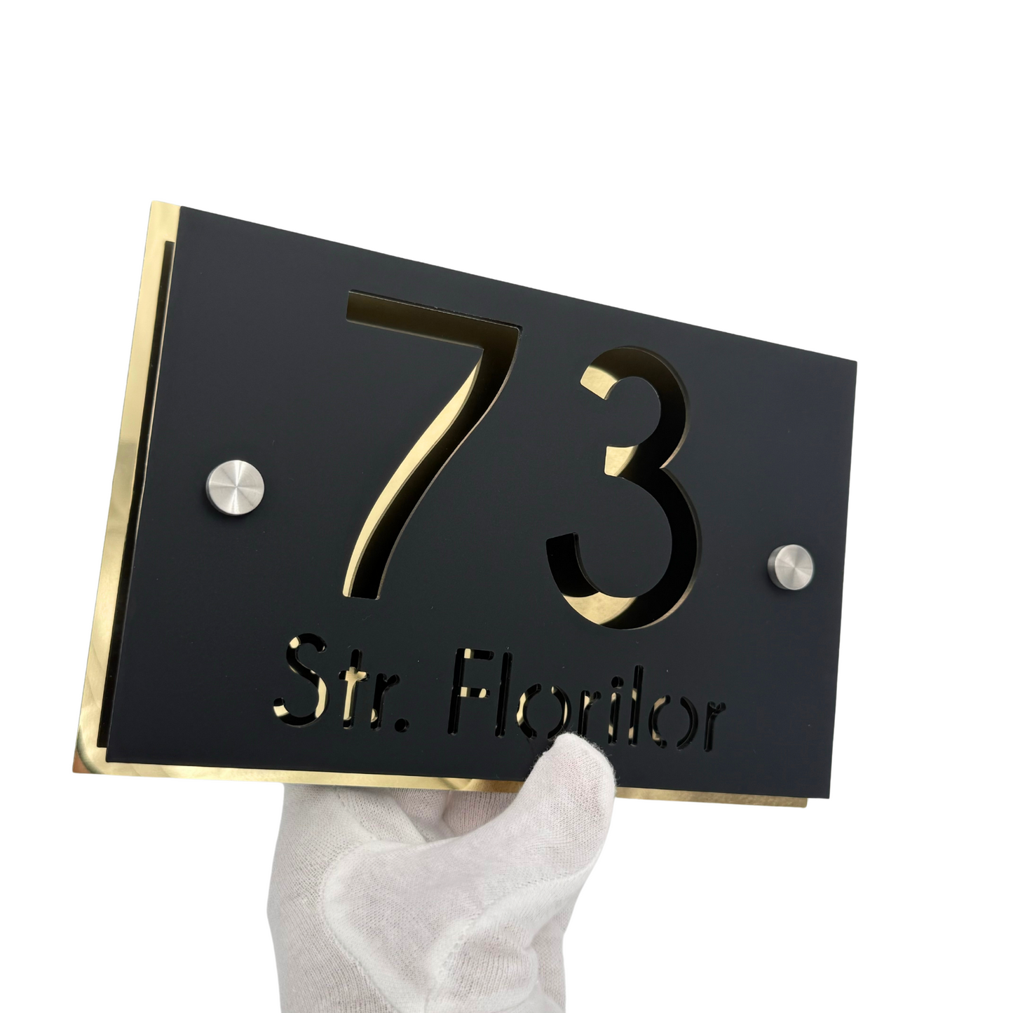 PREMIUM HOUSE NUMBER - Satin Black Aluminium Gold Mirror 2 Spacers Silver - 20×13 cm