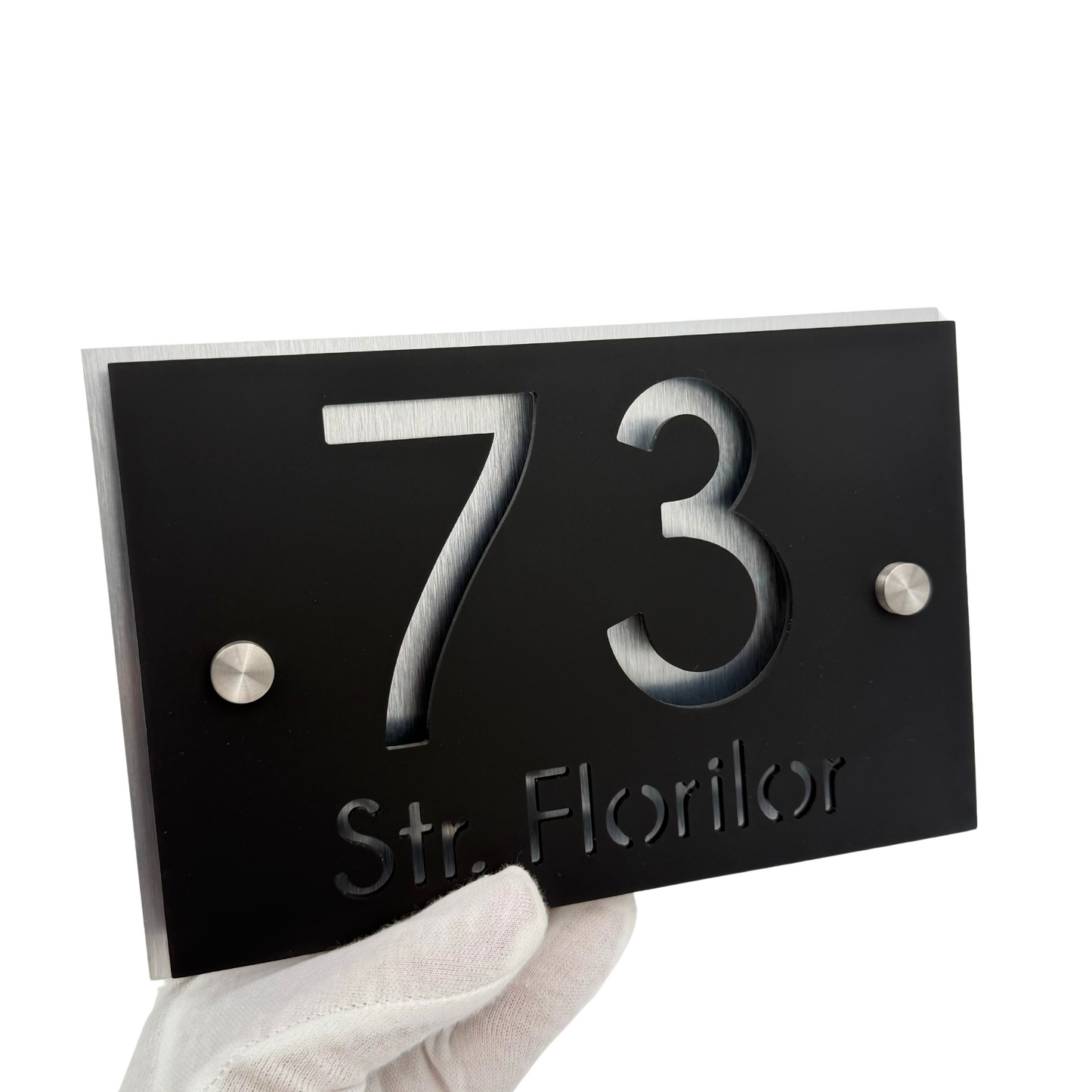 PREMIUM HOUSE NUMBER - Satin Black Aluminium Pearly 2 Spacers Silver - 20×13 cm
