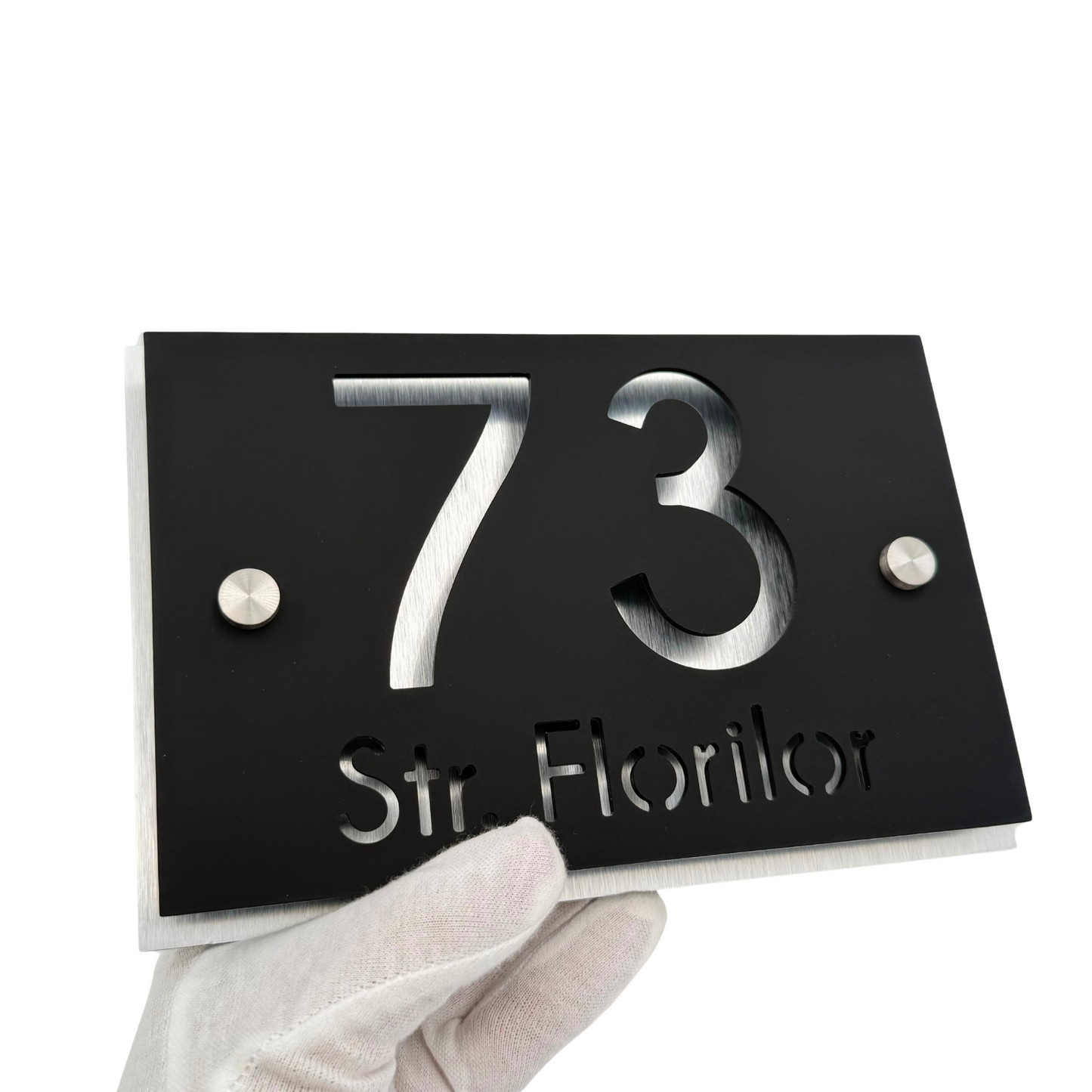 PREMIUM HOUSE NUMBER - Satin Black Aluminium Pearly 2 Spacers Silver - 20×13 cm