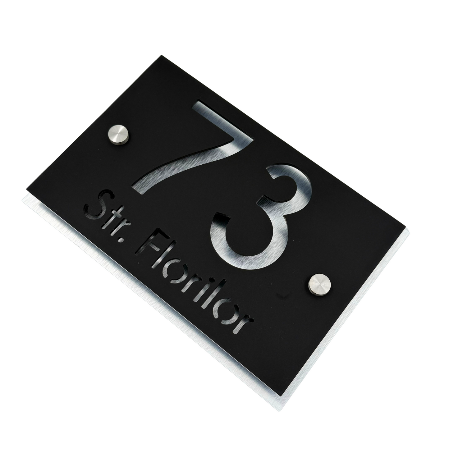PREMIUM HOUSE NUMBER - Satin Black Aluminium Pearly 2 Spacers Silver - 20×13 cm