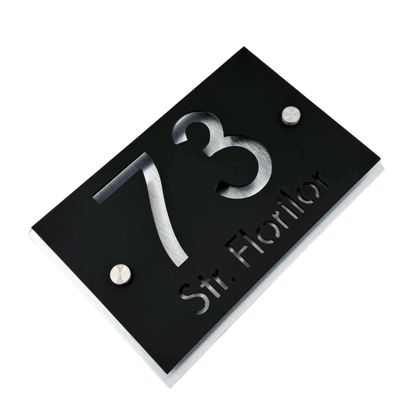 PREMIUM HOUSE NUMBER - Satin Black Aluminium Pearly 2 Spacers Silver - 20×13 cm