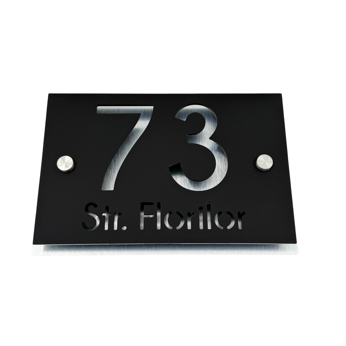 PREMIUM HOUSE NUMBER - Satin Black Aluminium Pearly 2 Spacers Silver - 20×13 cm