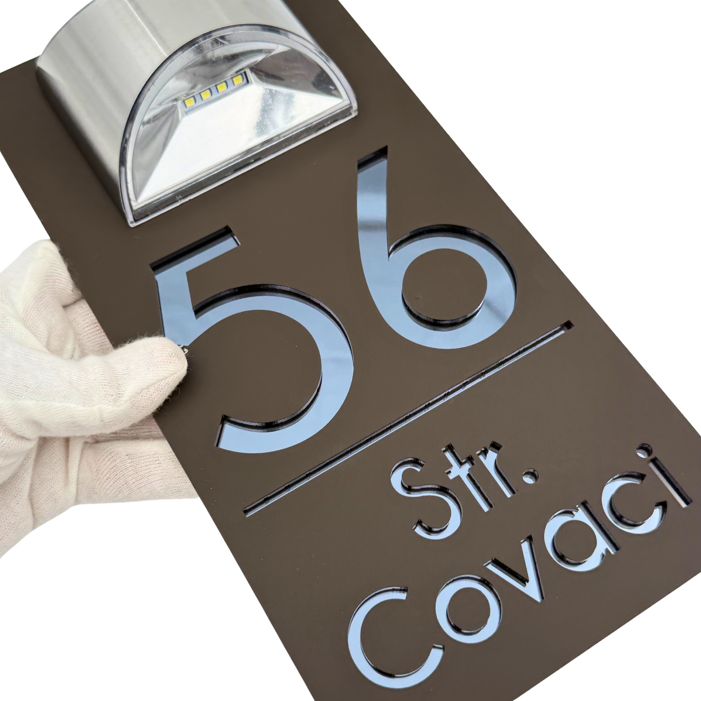 PREMIUM HOUSE NUMBER – Satin Brown Anthracite Grey Mirror Solar Lamp – 30 x15 cm