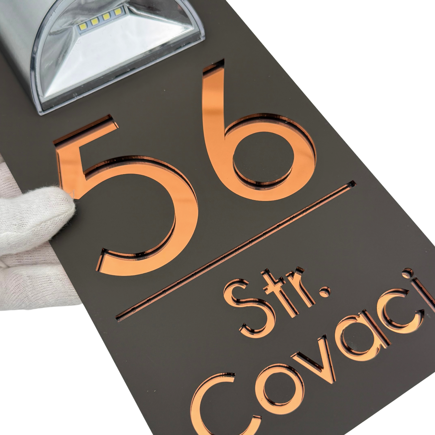 PREMIUM HOUSE NUMBER – Satin Brown Copper Mirror Solar Lamp – 30 x15 cm