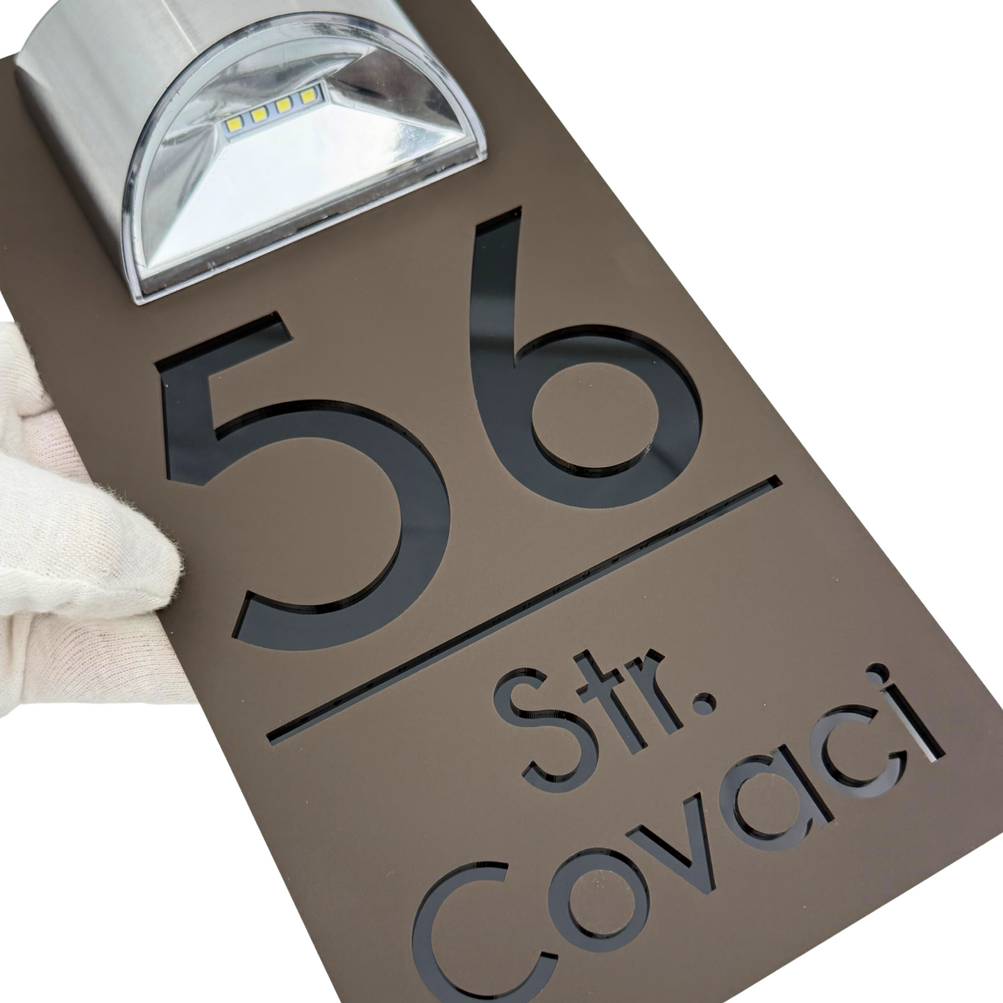 PREMIUM HOUSE NUMBER – Satin Brown Glossy Black Mirror Solar Lamp – 30 x15 cm