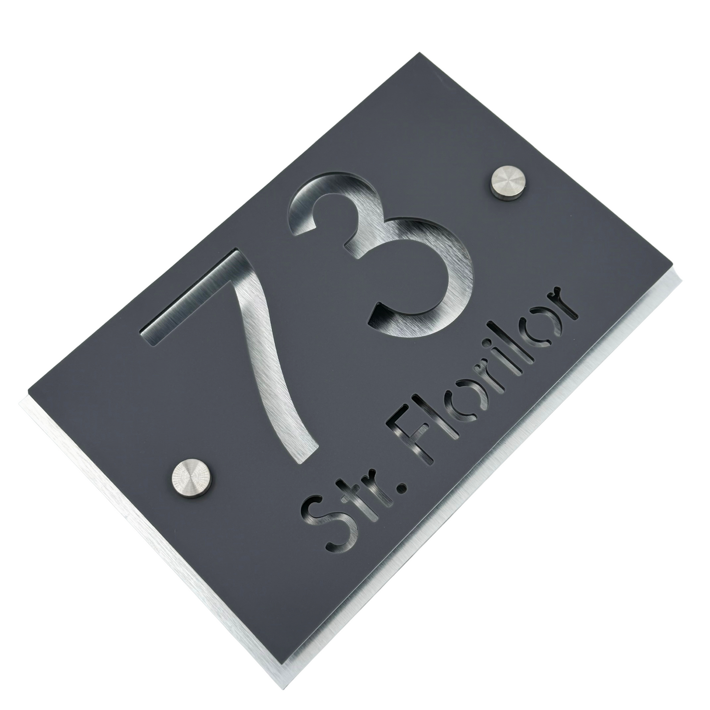 PREMIUM HOUSE NUMBER - Satin Grey Aluminium Pearly 2 Spacers Silver - 20×13 cm