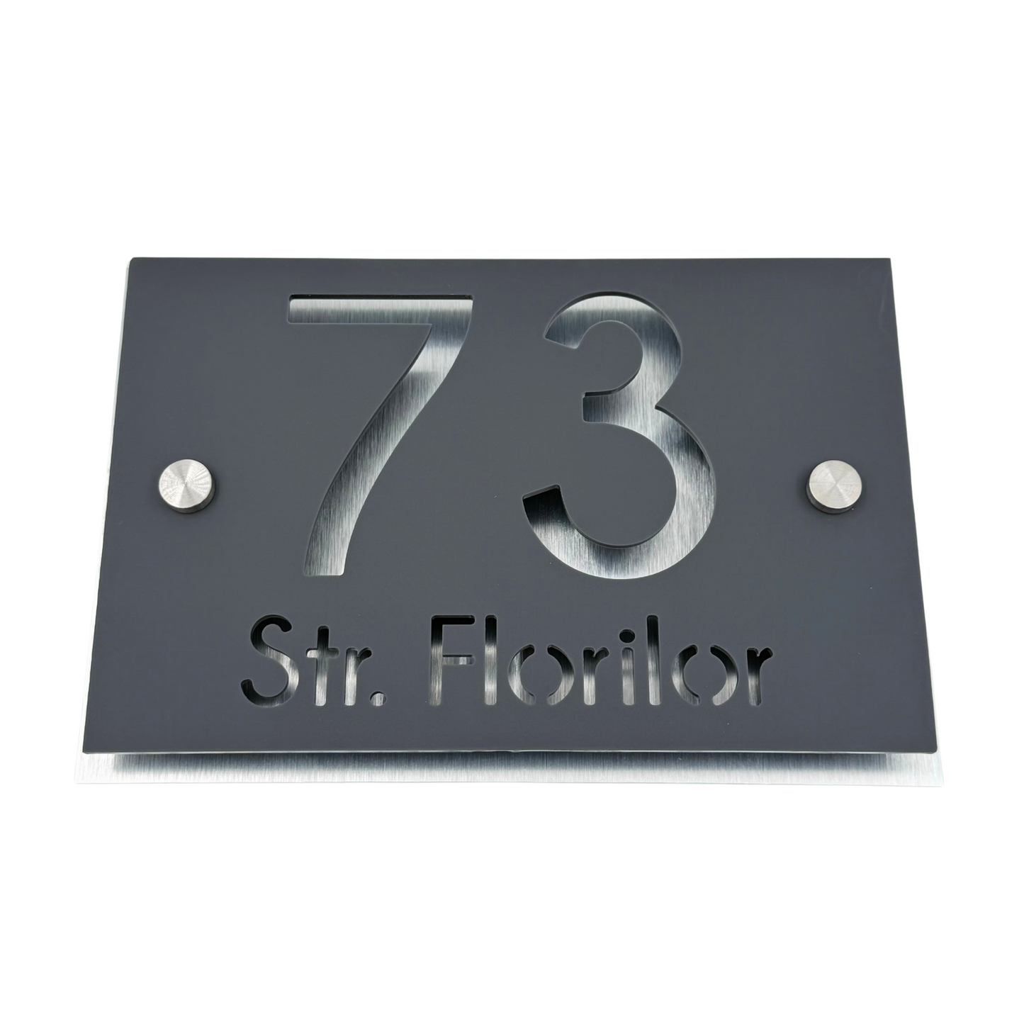 PREMIUM HOUSE NUMBER - Satin Grey Aluminium Pearly 2 Spacers Silver - 20×13 cm