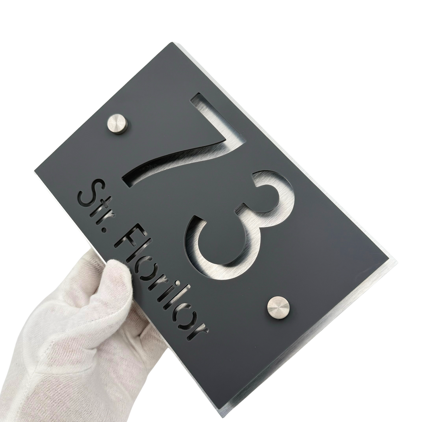 PREMIUM HOUSE NUMBER - Satin Grey Aluminium Pearly 2 Spacers Silver - 20×13 cm