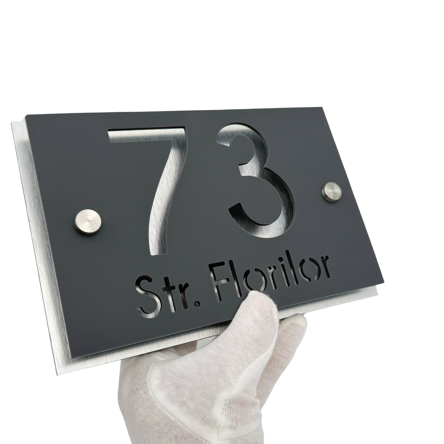 PREMIUM HOUSE NUMBER - Satin Grey Aluminium Pearly 2 Spacers Silver - 20×13 cm