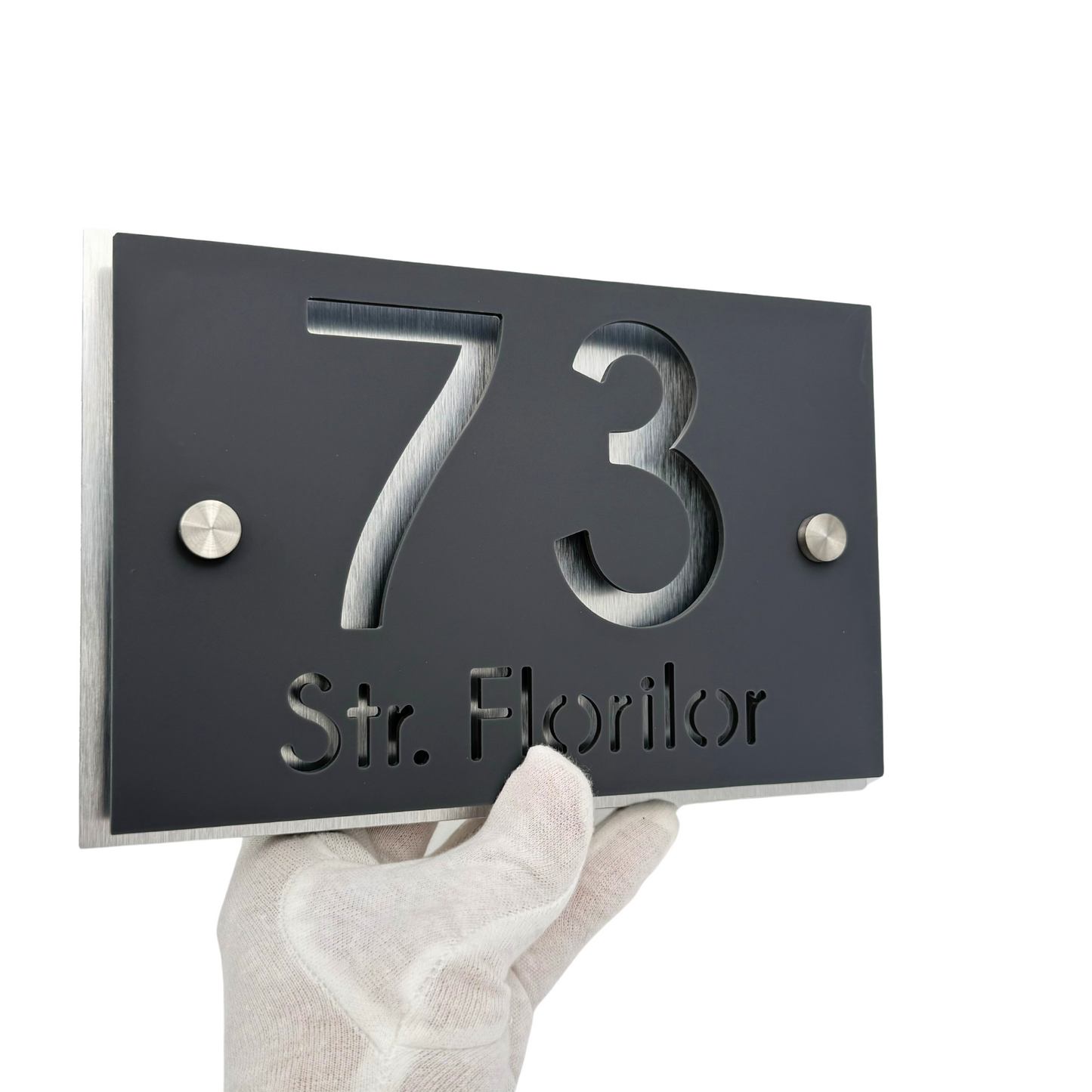 PREMIUM HOUSE NUMBER - Satin Grey Aluminium Pearly 2 Spacers Silver - 20×13 cm
