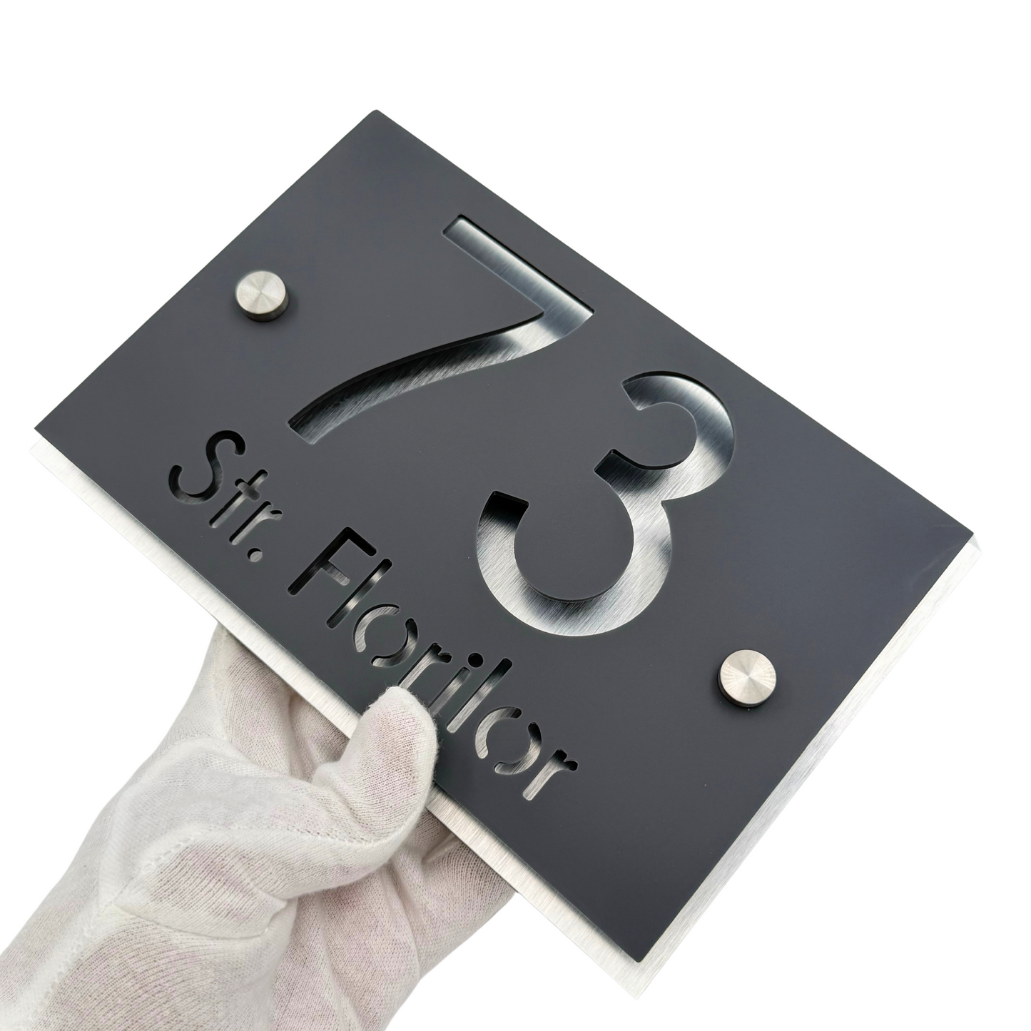 PREMIUM HOUSE NUMBER - Satin Grey Aluminium Pearly 2 Spacers Silver - 20×13 cm