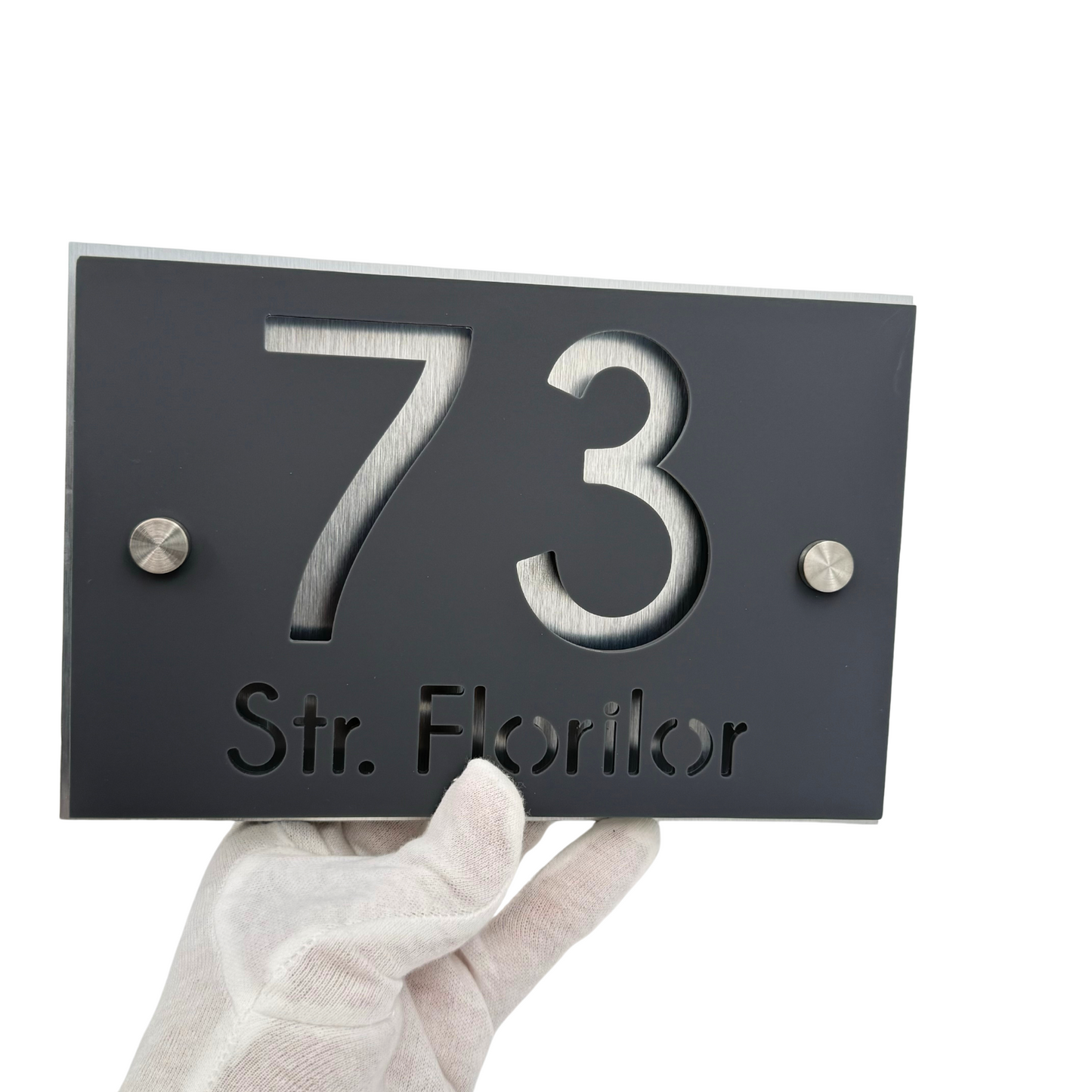 PREMIUM HOUSE NUMBER - Satin Grey Aluminium Pearly 2 Spacers Silver - 20×13 cm