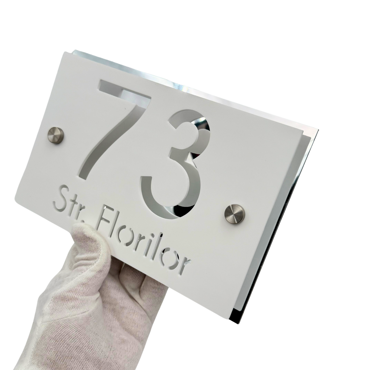 PREMIUM HOUSE NUMBER - White Satin Aluminium Silver Mirror 2 Spacers Silver - 20×13 cm