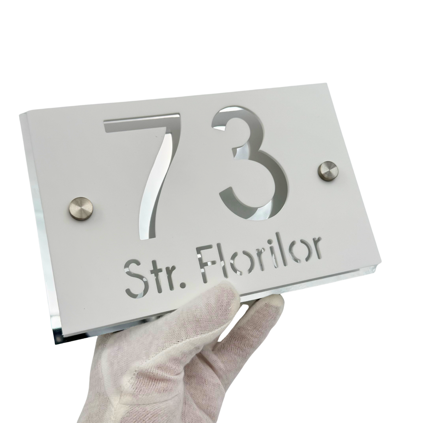 PREMIUM HOUSE NUMBER - White Satin Aluminium Silver Mirror 2 Spacers Silver - 20×13 cm