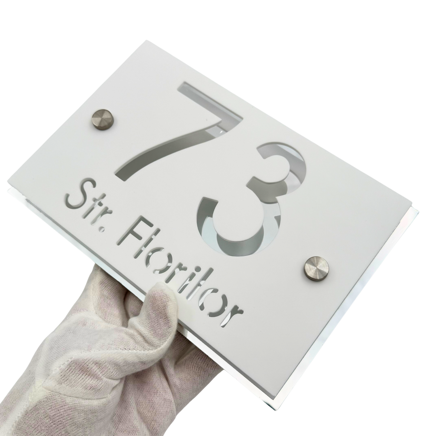 PREMIUM HOUSE NUMBER - White Satin Aluminium Silver Mirror 2 Spacers Silver - 20×13 cm