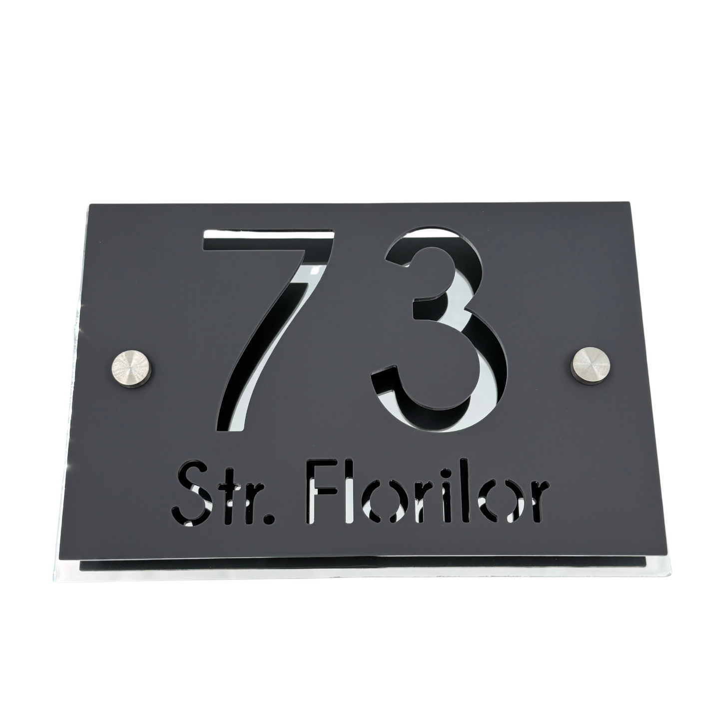 PREMIUM HOUSE NUMBER - Satin Grey Aluminium Silver Mirror 2 Spacers Silver - 20×13 cm