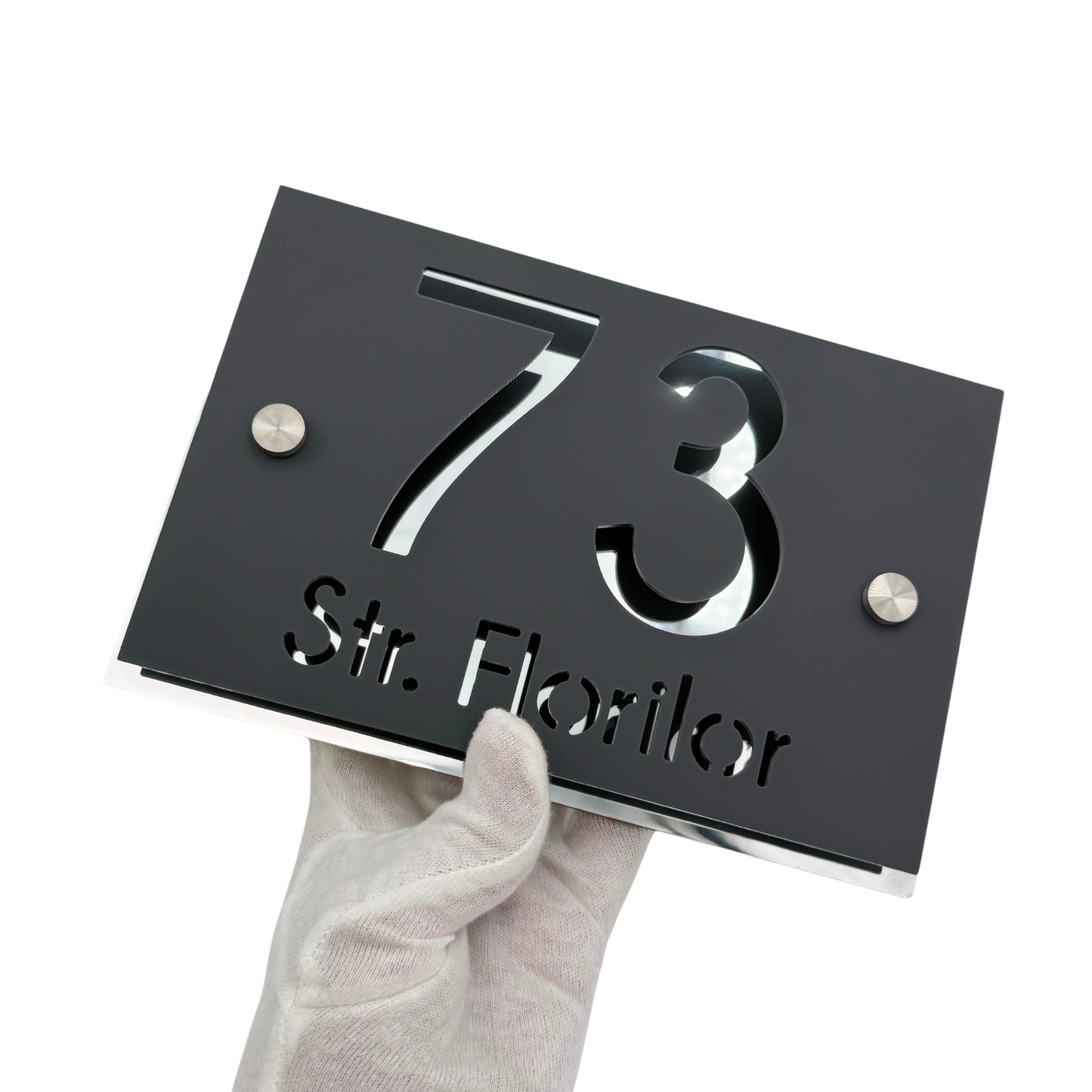 PREMIUM HOUSE NUMBER - Satin Grey Aluminium Silver Mirror 2 Spacers Silver - 20×13 cm