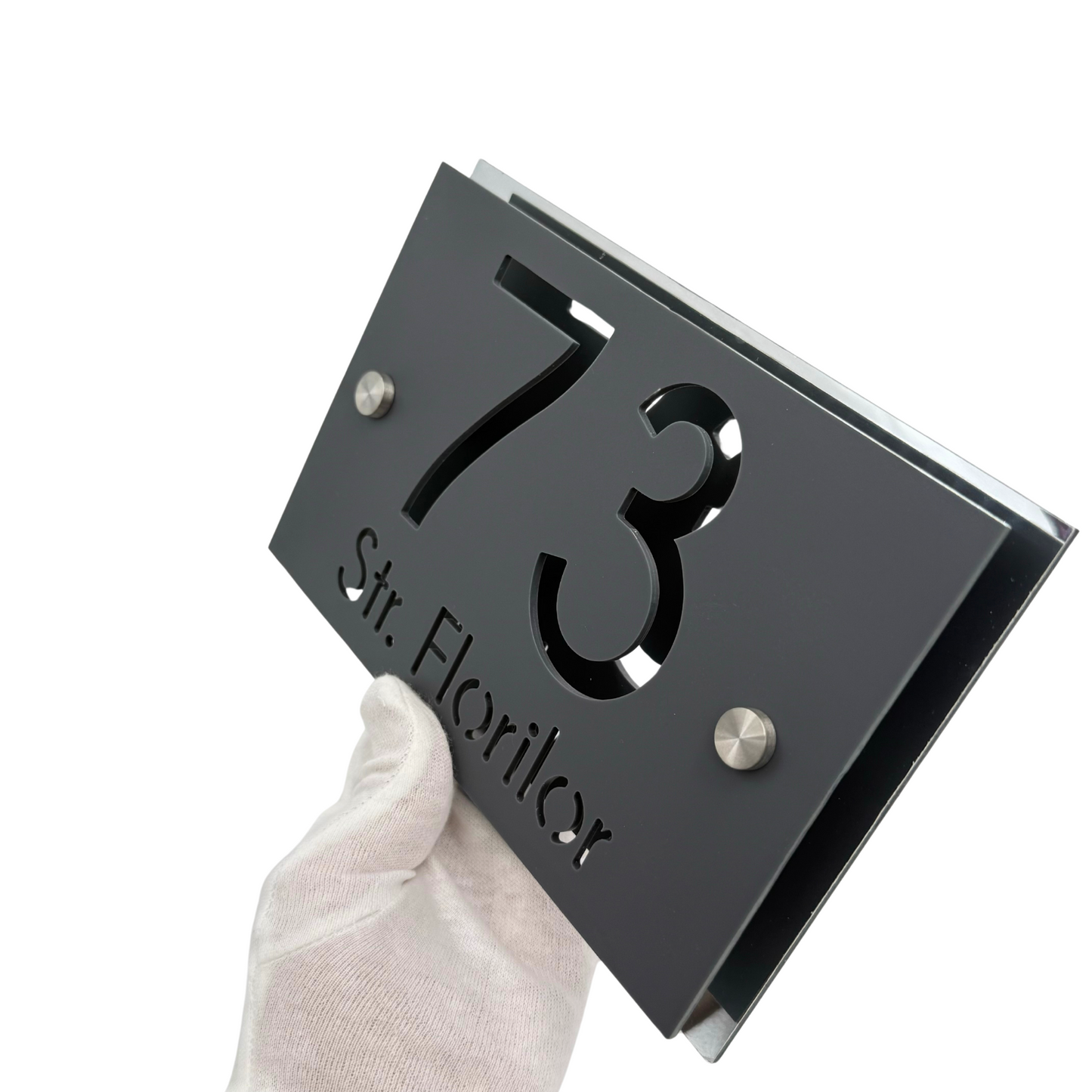 PREMIUM HOUSE NUMBER - Satin Grey Aluminium Silver Mirror 2 Spacers Silver - 20×13 cm