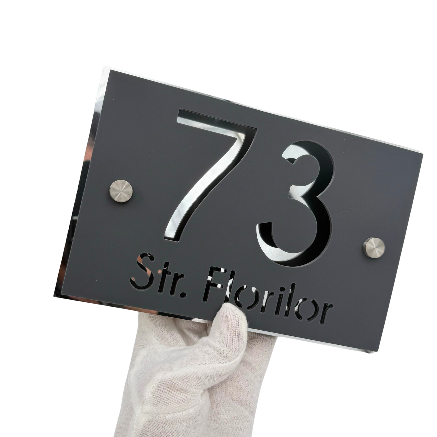 PREMIUM HOUSE NUMBER - Satin Grey Aluminium Silver Mirror 2 Spacers Silver - 20×13 cm
