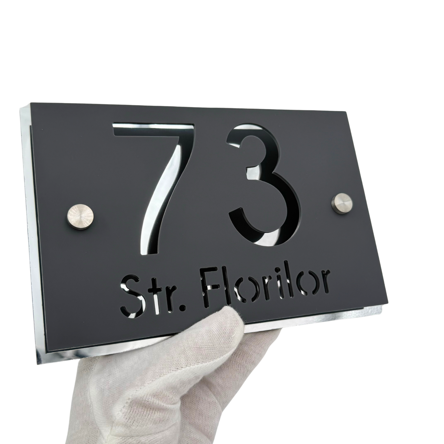 PREMIUM HOUSE NUMBER - Satin Grey Aluminium Silver Mirror 2 Spacers Silver - 20×13 cm