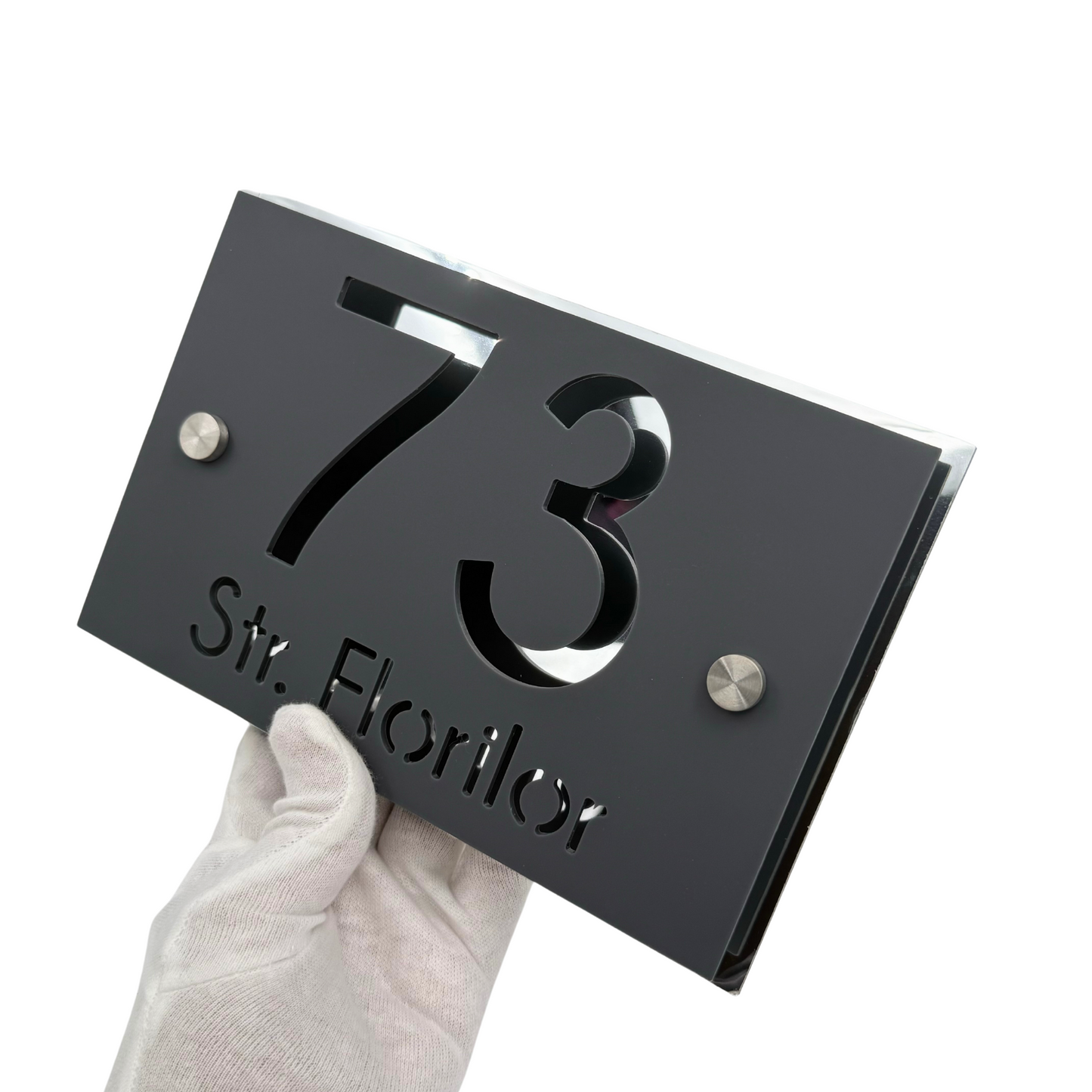 PREMIUM HOUSE NUMBER - Satin Grey Aluminium Silver Mirror 2 Spacers Silver - 20×13 cm