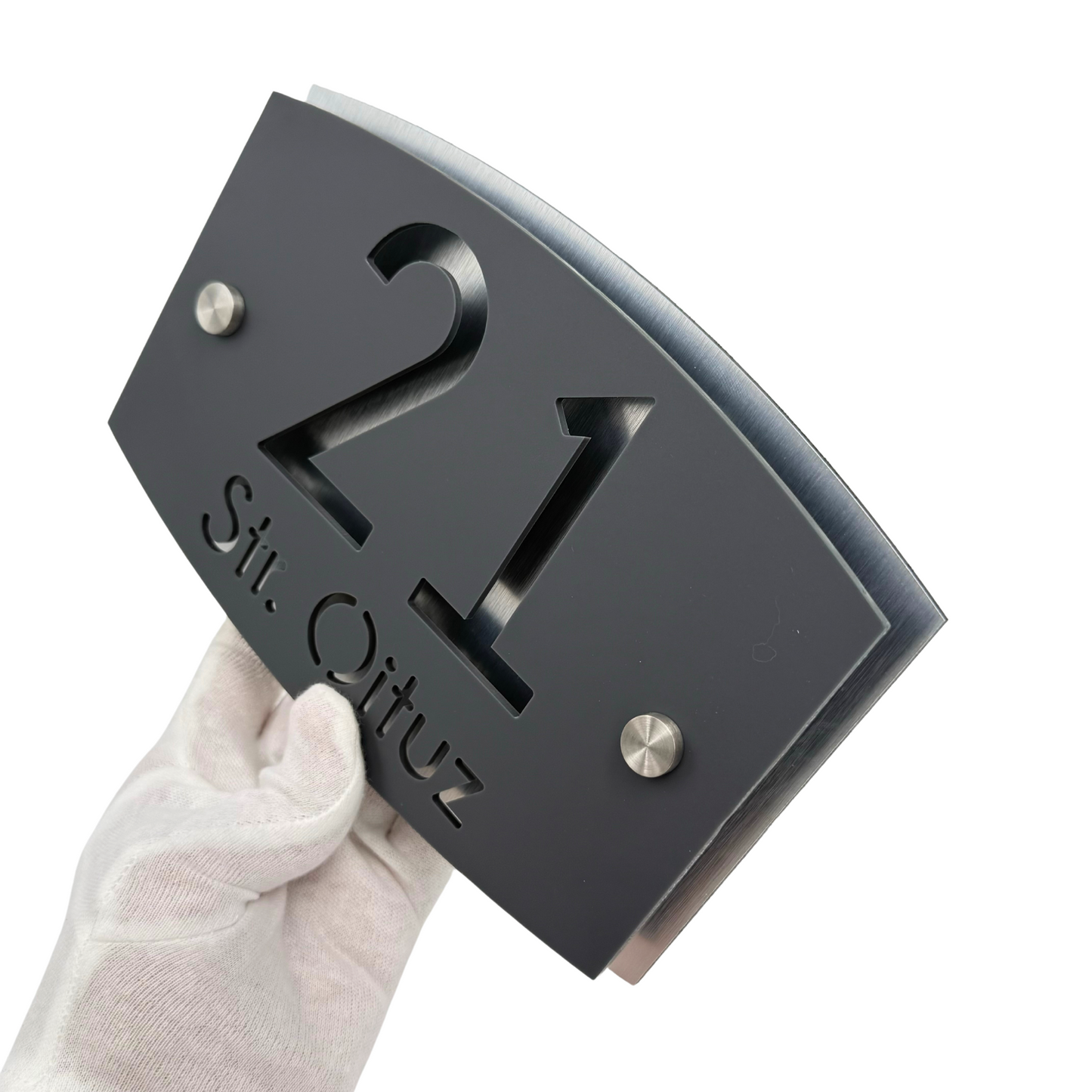 PREMIUM HOUSE NUMBER - Satin Grey Aluminium Pearly 2 Spacers Silver - 20×13 cm